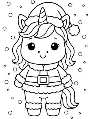 Santa-Inspired Unicorn in Cozy Christmas Outfit with Snowflakes Coloring Page