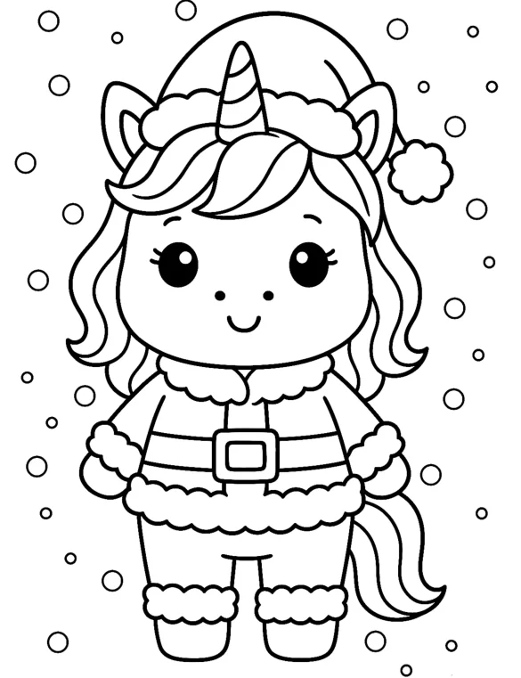 Santa-Inspired Unicorn in Cozy Christmas Outfit with Snowflakes Coloring Page