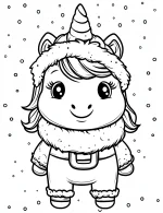 Santa-Inspired Unicorn in Winter Outfit with Snowy Background Coloring Page