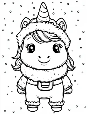 Santa-Inspired Unicorn in Winter Outfit with Snowy Background Coloring Page