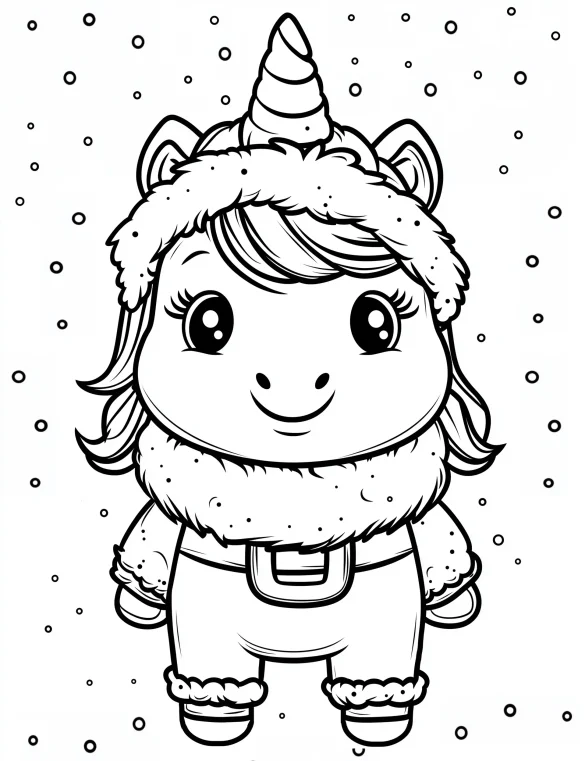 Santa-Inspired Unicorn in Winter Outfit with Snowy Background Coloring Page