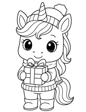 Santa-Inspired Unicorn with Gift Box and Cozy Winter Sweater Coloring Page