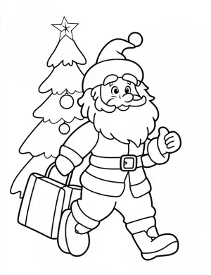 Santa Walking with Gift Bag by Christmas Tree Coloring Page by Mindset Flow