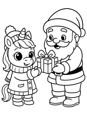 Santa and Unicorn Exchanging Gift in Winter Scene Coloring Page