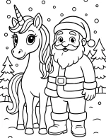 Santa and Unicorn in Snowy Forest Scene Coloring Page