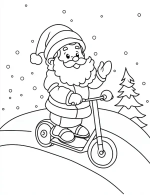Santa on Scooter in Snowy Landscape Coloring Page by Mindset Flow