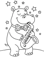 Saxophone Playing Hippo with Stars Coloring Page by Mindset Flow