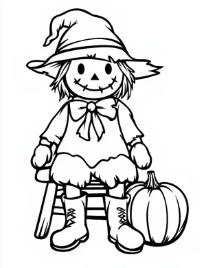 Scarecrow Sitting with Pumpkin Halloween Coloring Page by Mindset Flow