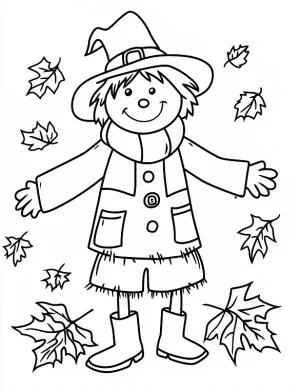 Scarecrow Surrounded by Falling Leaves Halloween Coloring Page by Mindset Flow