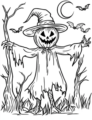 Scarecrow under Crescent Moon Halloween Coloring Page by Mindset Flow