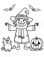 Scarecrow with Cat, Pumpkin, and Bats Coloring Page by Mindset Flow