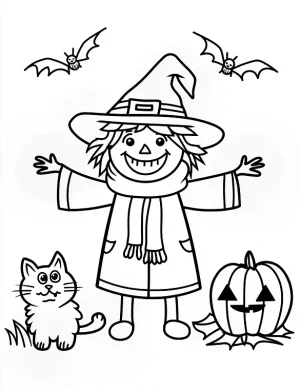 Scarecrow with Cat, Pumpkin, and Bats Coloring Page by Mindset Flow