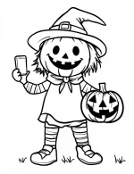 Scarecrow with Pumpkin and Phone Coloring Page by Mindset Flow