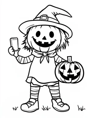 Scarecrow with Pumpkin and Phone Coloring Page by Mindset Flow