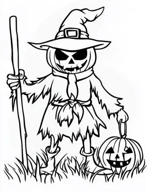 Scarecrow with Pumpkin and Stick Halloween Coloring Page by Mindset Flow