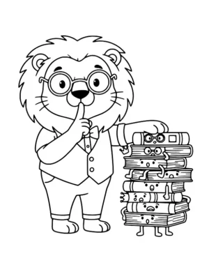 Scholarly Lion Guarding a Tower of Books Coloring Page By Mindset Flow