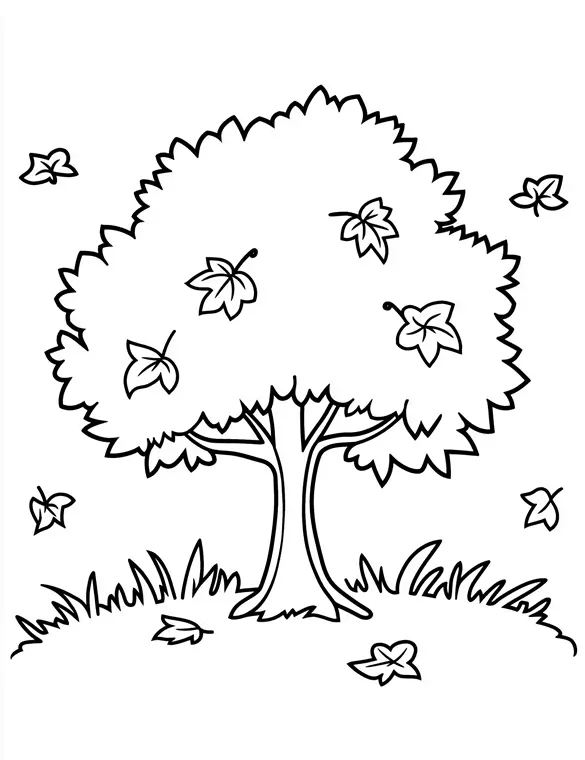 Seasonal Flower Theme Autumn Tree with Falling Leaves Printable Coloring Page