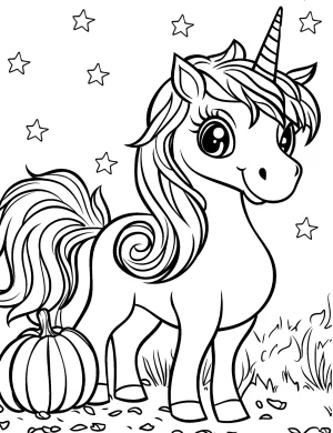 Seasonal Halloween Unicorn with Pumpkin and Stars Coloring Page