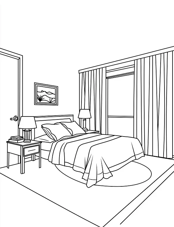 Serene Bedroom With Lamps And Curtains Adult Coloring Page By Mindset Flow