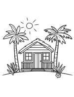Serene Cottage with Palm Trees and Sun Coloring Page