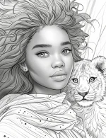 Serene Girl With Flowing Hair And Majestic Lion Adult Coloring Page By Mindset Flow