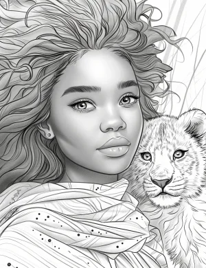 Serene Girl With Flowing Hair And Majestic Lion Adult Coloring Page By Mindset Flow
