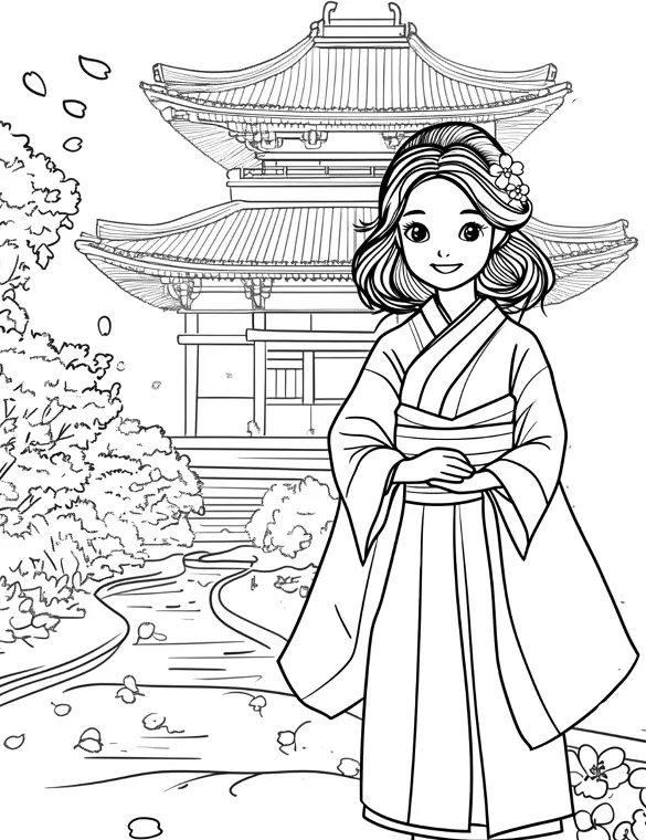 Serene Japanese Temple Girl in Kimono Adult Coloring Page By Mindset Flow