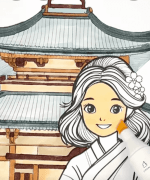 Serene Japanese Temple Girl in Kimono Adult Coloring Page-HowToVideo