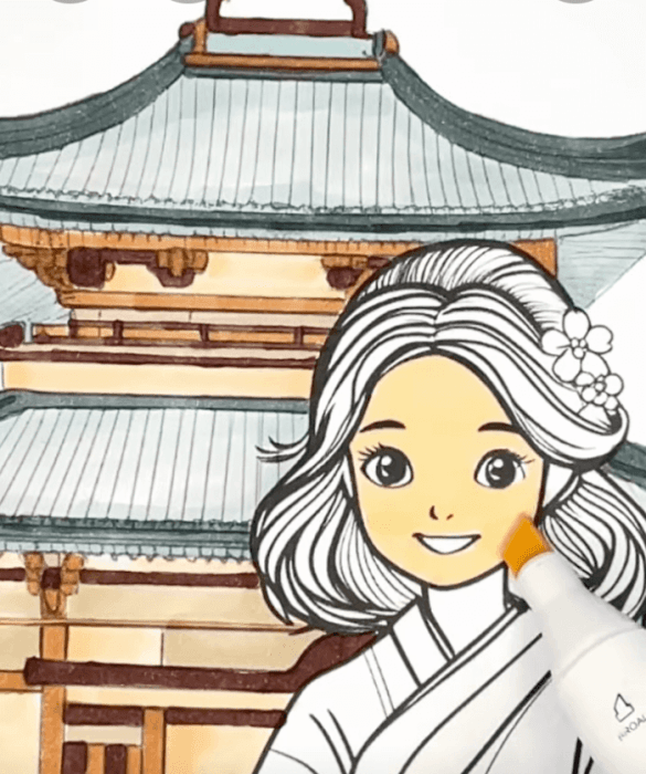 Serene Japanese Temple Girl in Kimono Adult Coloring Page-HowToVideo