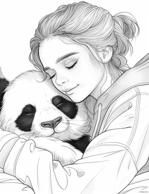 Serene Moment Of A Girl Gently Hugging a Panda Adult Coloring Page By Mindset Flow