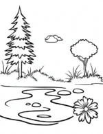 Serene River and Pine Trees Nature Scene Flower Coloring Page by Mindset Flow