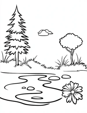 Serene River and Pine Trees Nature Scene Flower Coloring Page by Mindset Flow