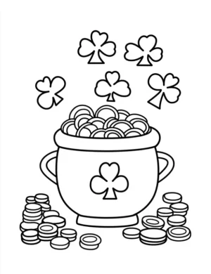 Shamrock Pot with Coins and Clover St. Patrick's Day Coloring Page
