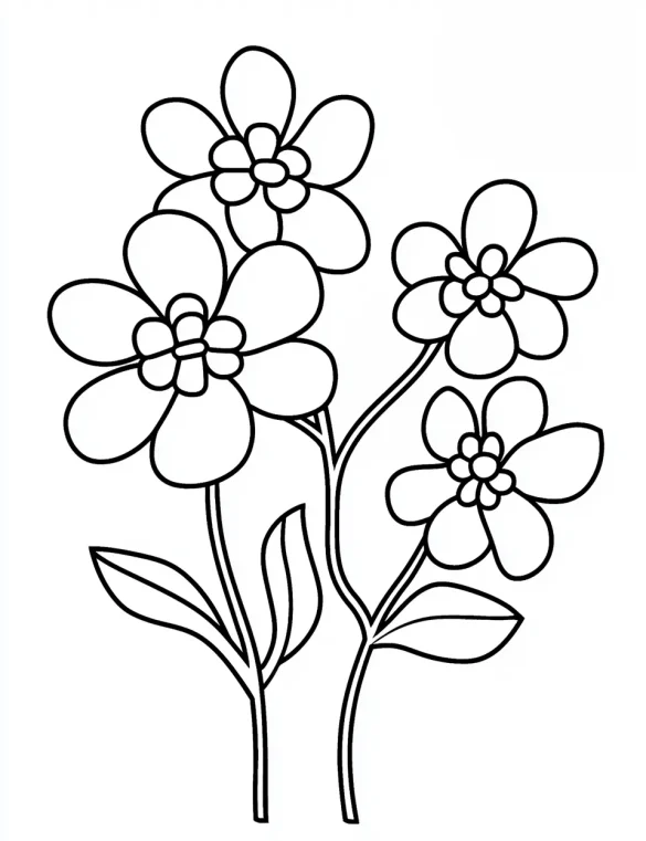 Simple Five Petal Spring Flowers Coloring Page