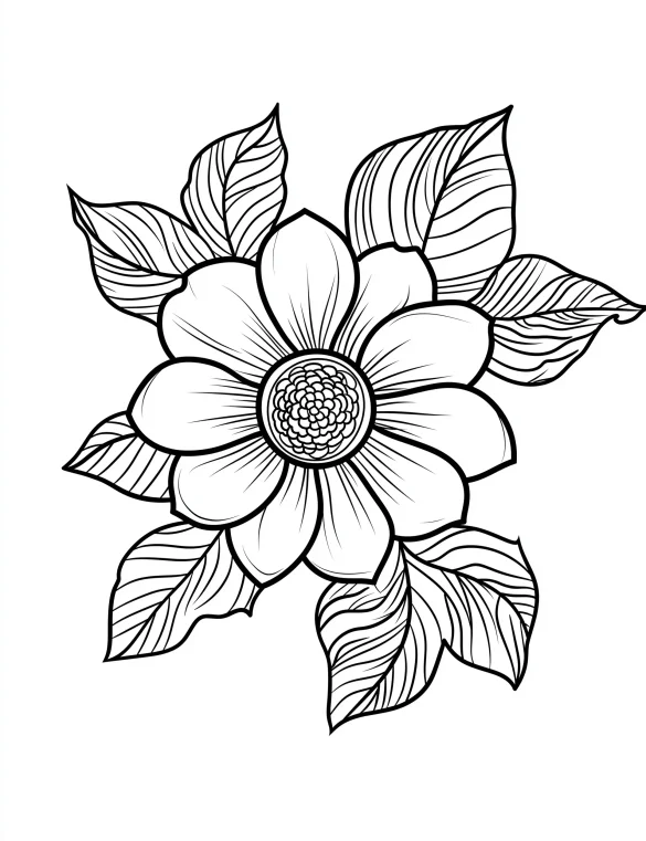 Simple Wildflower Bloom with Decorative Leaves Coloring Page