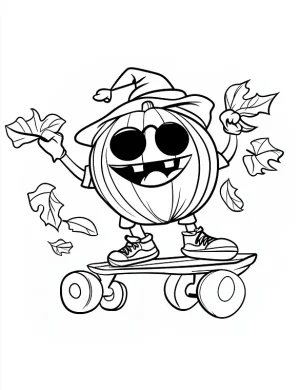 Skateboarding Pumpkin with Leaves Halloween Coloring Page by Mindset Flow
