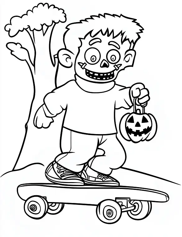 Skateboarding Zombie Halloween Coloring Page by Mindset Flow