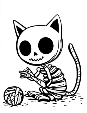 Skeleton Cat Playing with Yarn Halloween Coloring Page by Mindset Flow