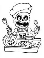 Skeleton Chef Making Pumpkin Cookies Halloween Coloring Page by Mindset Flow