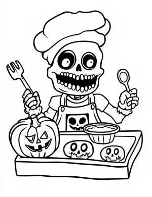 Skeleton Chef Making Pumpkin Cookies Halloween Coloring Page by Mindset Flow