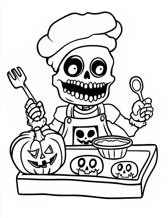 Skeleton Chef Making Pumpkin Cookies Halloween Coloring Page by Mindset Flow