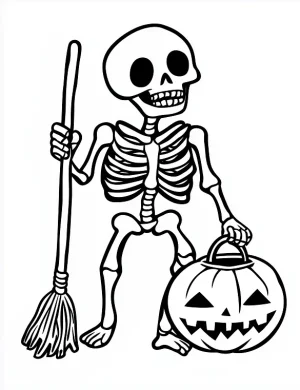 Skeleton Holding a Broom Coloring Page by Mindset Flow