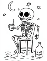 Skeleton Sitting On a Stool Holding a Drink Coloring Page by Mindset Flow