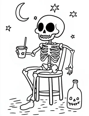 Skeleton Sitting On a Stool Holding a Drink Coloring Page by Mindset Flow