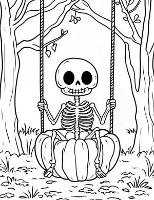 Skeleton Swinging on Pumpkin Halloween Coloring Page by Mindset Flow