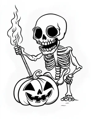 Skeleton Zombie with Pumpkin Stick Halloween Coloring Page by Mindset Flow