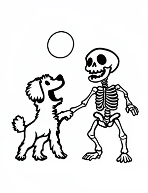 Skeleton and Puppy Playing Coloring Page by Mindset Flow