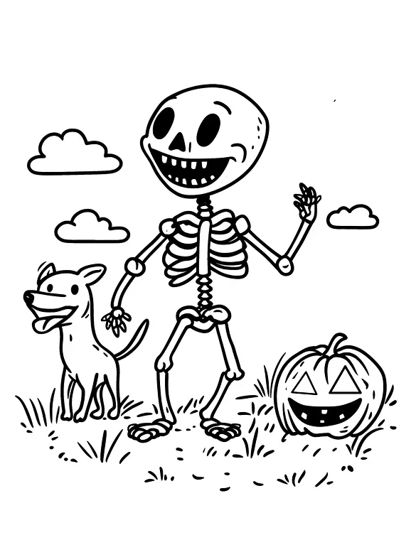 Skeleton with Dog and Pumpkin Halloween Coloring Page by Mindset Flow Skeleton with Dog and Pumpkin Halloween Coloring Page by Mindset Flow