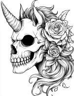 Skull Unicorn with Roses and Flowing Hair Adult Coloring Page by Mindset Flow