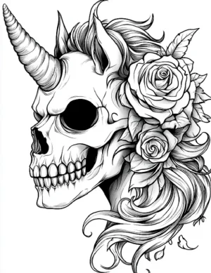 Skull Unicorn with Roses and Flowing Hair Adult Coloring Page by Mindset Flow